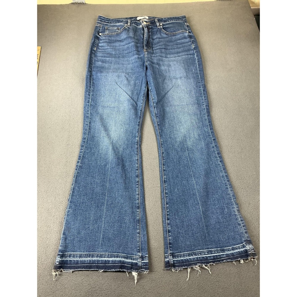 LOFT Jeans Womens 14 Blue Flared Slim Mid Rise Distressed Fringe 34 Inseam